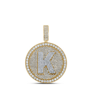 Men's Diamond Charm Pendant | 10kt Two-tone Gold Mens Round Diamond Letter K Circle Charm Pendant 3-3/4 Cttw | Splendid Jewellery GND