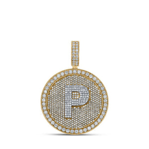 Men's Diamond Charm Pendant | 10kt Two-tone Gold Mens Round Diamond Letter P Circle Charm Pendant 4 Cttw | Splendid Jewellery GND