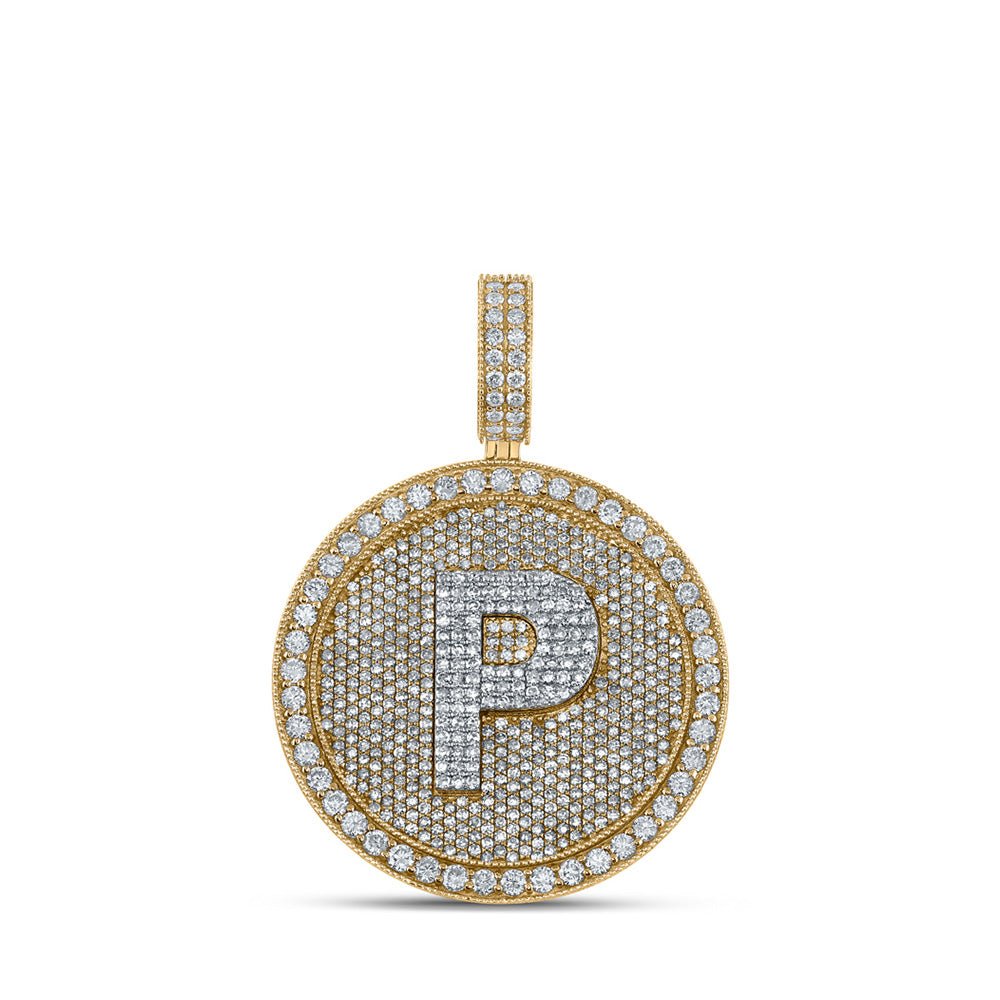 Men's Diamond Charm Pendant | 10kt Two-tone Gold Mens Round Diamond Letter P Circle Charm Pendant 4 Cttw | Splendid Jewellery GND