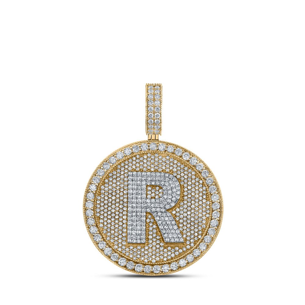 Men's Diamond Charm Pendant | 10kt Two-tone Gold Mens Round Diamond Letter R Circle Charm Pendant 3-3/4 Cttw | Splendid Jewellery GND