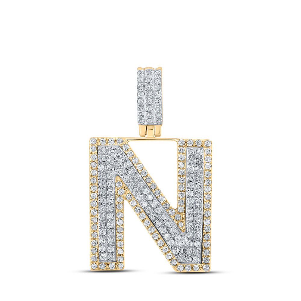 Men's Diamond Charm Pendant | 10kt Two-tone Gold Mens Round Diamond N Initial Letter Pendant 5/8 Cttw | Splendid Jewellery GND