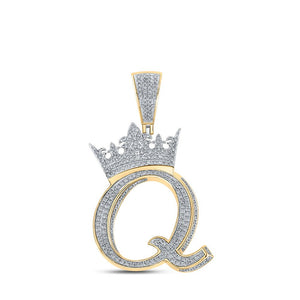 Men's Diamond Charm Pendant | 10kt Two-tone Gold Mens Round Diamond Q Crown Letter Charm Pendant 1-3/8 Cttw | Splendid Jewellery GND