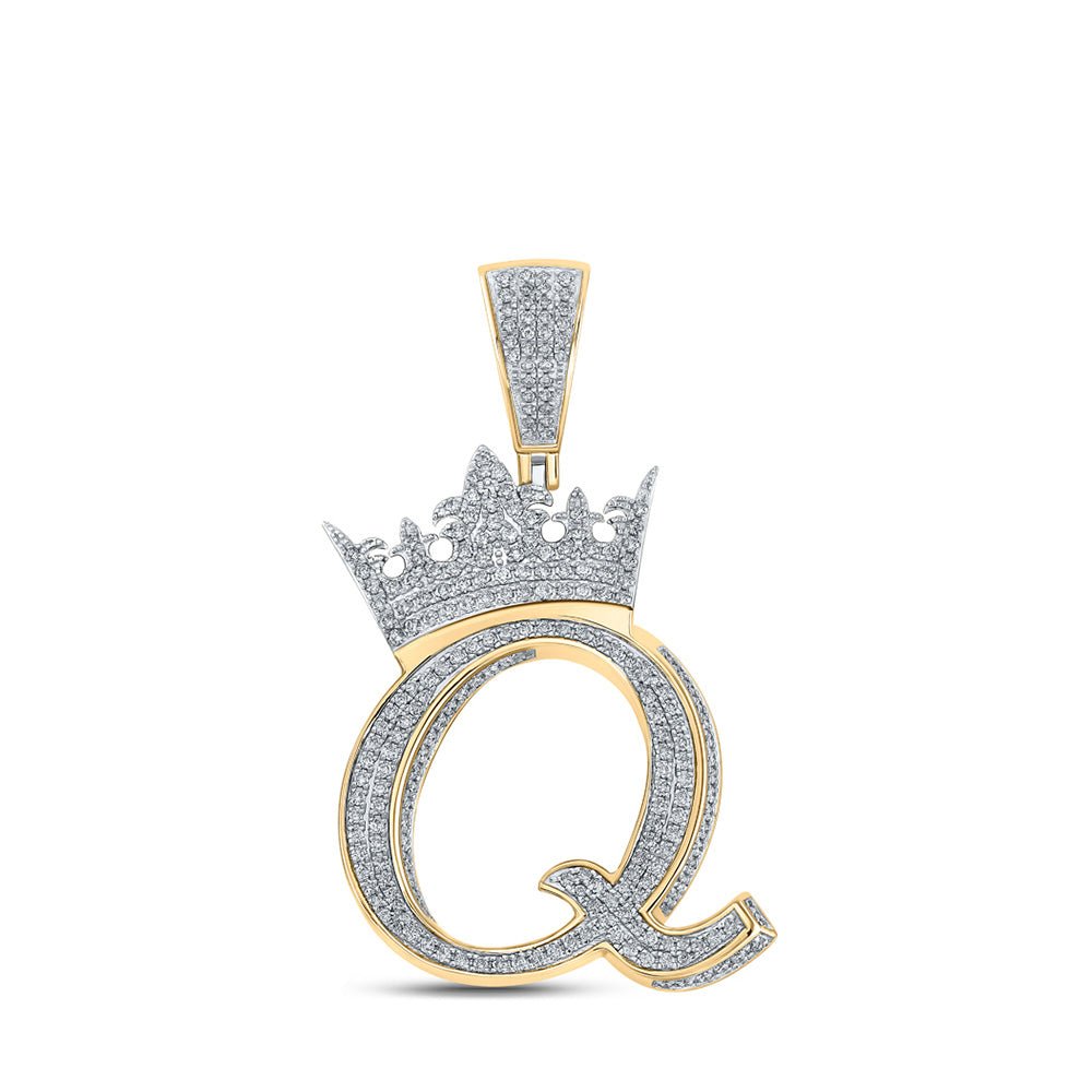 Men's Diamond Charm Pendant | 10kt Two-tone Gold Mens Round Diamond Q Crown Letter Charm Pendant 1-3/8 Cttw | Splendid Jewellery GND