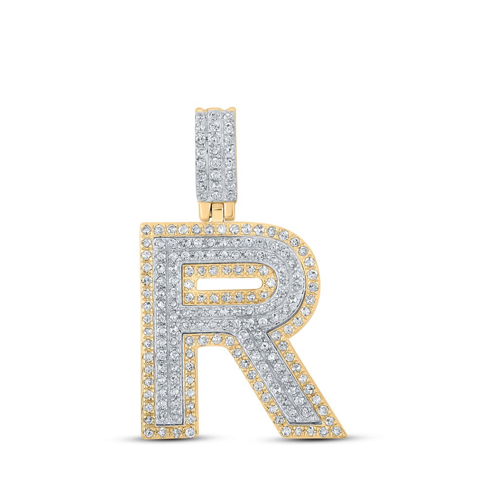 Men's Diamond Charm Pendant | 10kt Two-tone Gold Mens Round Diamond R Initial Letter Pendant 5/8 Cttw | Splendid Jewellery GND