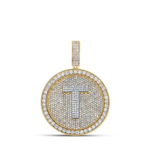 Men's Diamond Charm Pendant | 10kt Two-tone Gold Mens Round Diamond T Letter Circle Charm Pendant 3-7/8 Cttw | Splendid Jewellery GND