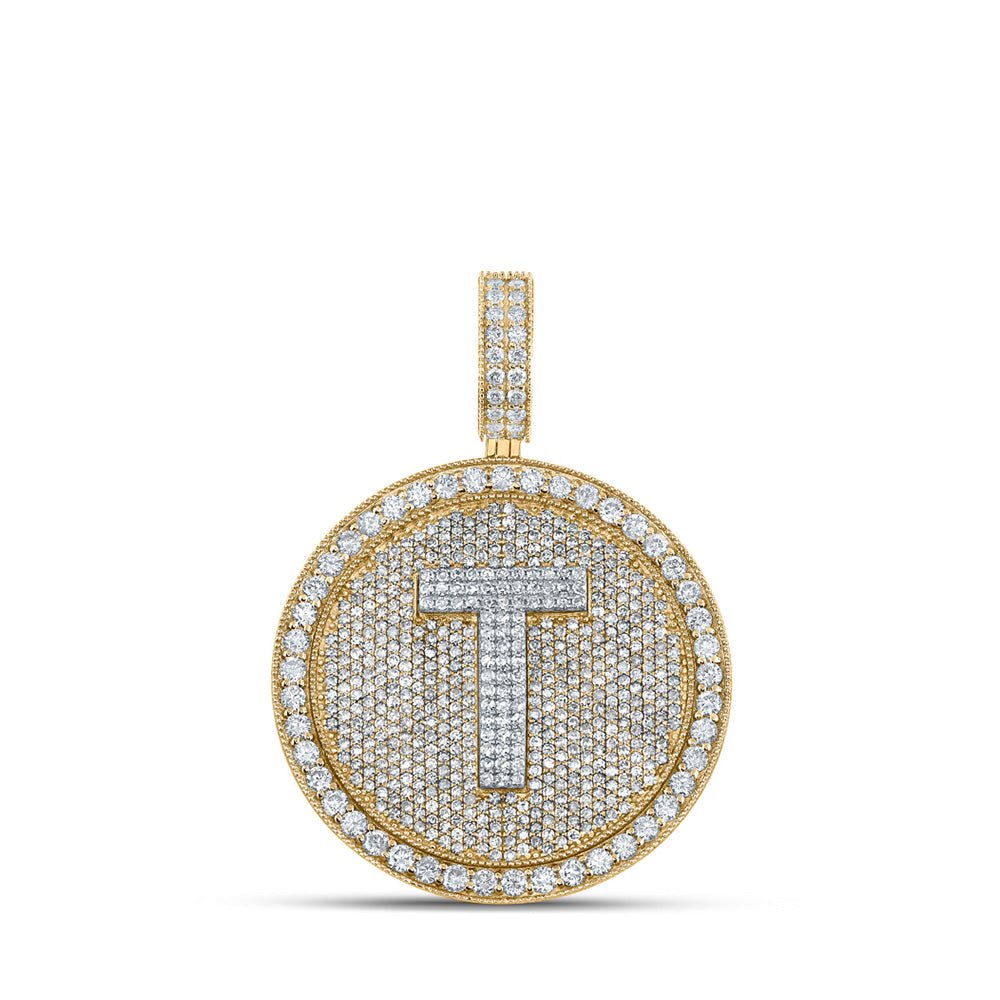 Men's Diamond Charm Pendant | 10kt Two-tone Gold Mens Round Diamond T Letter Circle Charm Pendant 3-7/8 Cttw | Splendid Jewellery GND