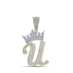 Men's Diamond Charm Pendant | 10kt Two-tone Gold Mens Round Diamond U Crown Letter Charm Pendant 1-1/2 Cttw | Splendid Jewellery GND