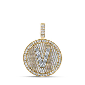 Men's Diamond Charm Pendant | 10kt Two-tone Gold Mens Round Diamond V Initial Letter Charm Pendant 3-3/4 Cttw | Splendid Jewellery GND