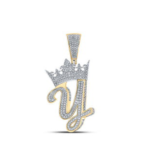 Men's Diamond Charm Pendant | 10kt Two-tone Gold Mens Round Diamond Y Crown Letter Charm Pendant 1-1/4 Cttw | Splendid Jewellery GND