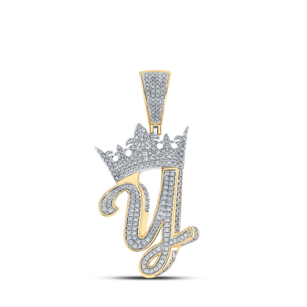 Men's Diamond Charm Pendant | 10kt Two-tone Gold Mens Round Diamond Y Crown Letter Charm Pendant 1-1/4 Cttw | Splendid Jewellery GND