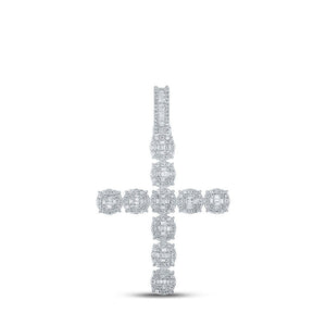Men's Diamond Charm Pendant | 10kt White Gold Mens Baguette Diamond Cross Charm Pendant 1-7/8 Cttw | Splendid Jewellery GND