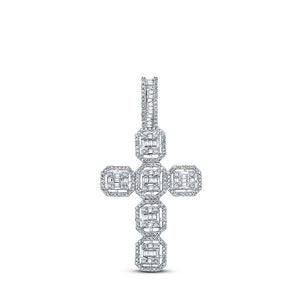 Men's Diamond Charm Pendant | 10kt White Gold Mens Baguette Diamond Cross Charm Pendant 1 Cttw | Splendid Jewellery GND