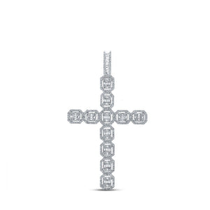 Men's Diamond Charm Pendant | 10kt White Gold Mens Baguette Diamond Cross Charm Pendant 2-1/3 Cttw | Splendid Jewellery GND