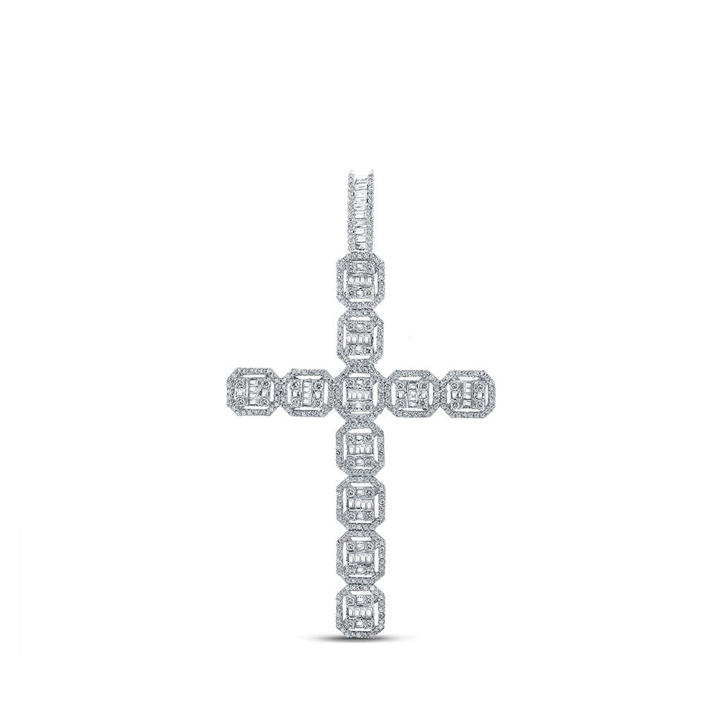 Men's Diamond Charm Pendant | 10kt White Gold Mens Baguette Diamond Cross Charm Pendant 2-1/3 Cttw | Splendid Jewellery GND