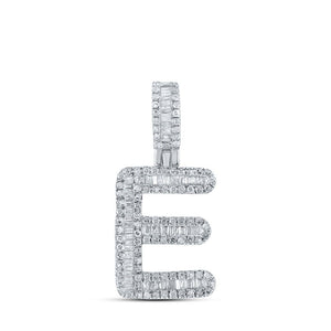 Men's Diamond Charm Pendant | 10kt White Gold Mens Baguette Diamond E Initial Letter Pendant 1/2 Cttw | Splendid Jewellery GND