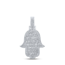 Load image into Gallery viewer, 10kt White Gold Baguette Diamond Hamsa Charm Pendant for Men - 7/8 Cttw - Alternate view 1 from Splendid Jewellery