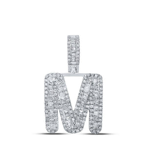 Men's Diamond Charm Pendant | 10kt White Gold Mens Baguette Diamond M Initial Letter Pendant 3/4 Cttw | Splendid Jewellery GND