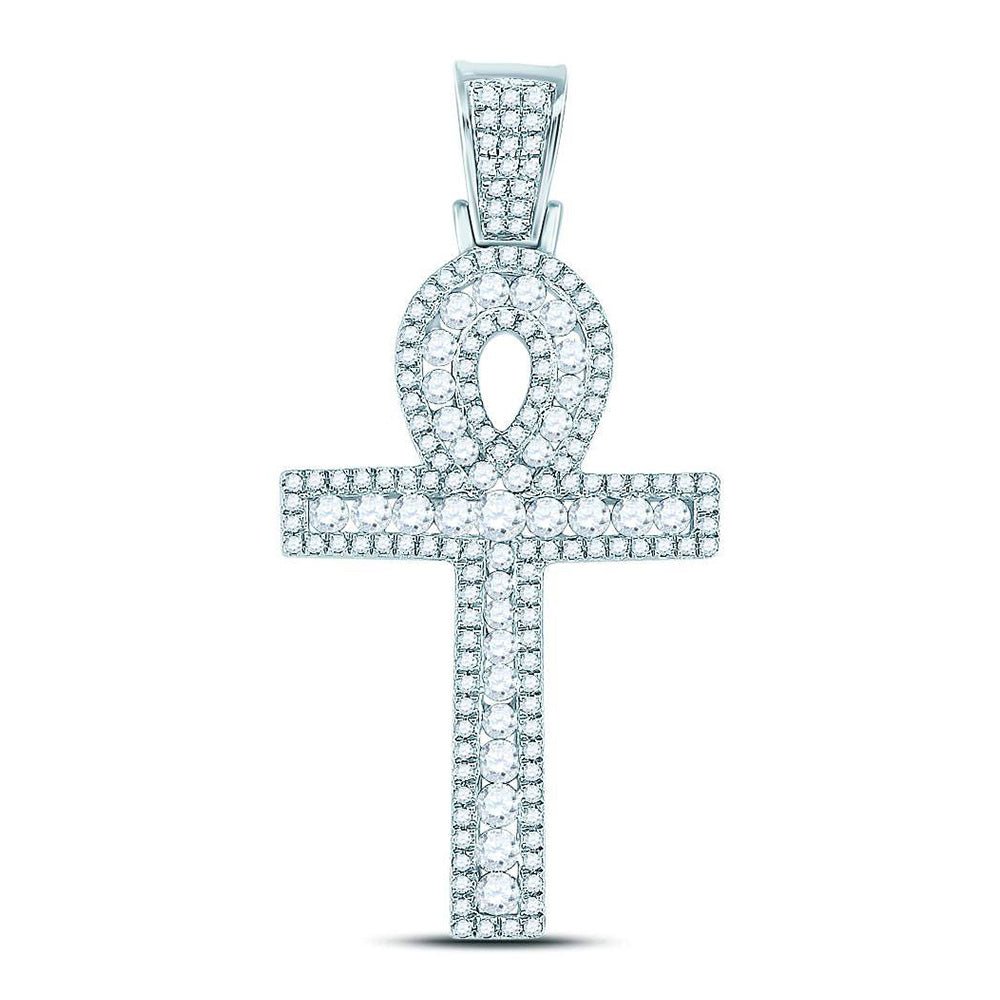 Men's Diamond Charm Pendant | 10kt White Gold Mens Round Diamond Ankh Cross Charm Pendant 1 Cttw | Splendid Jewellery GND