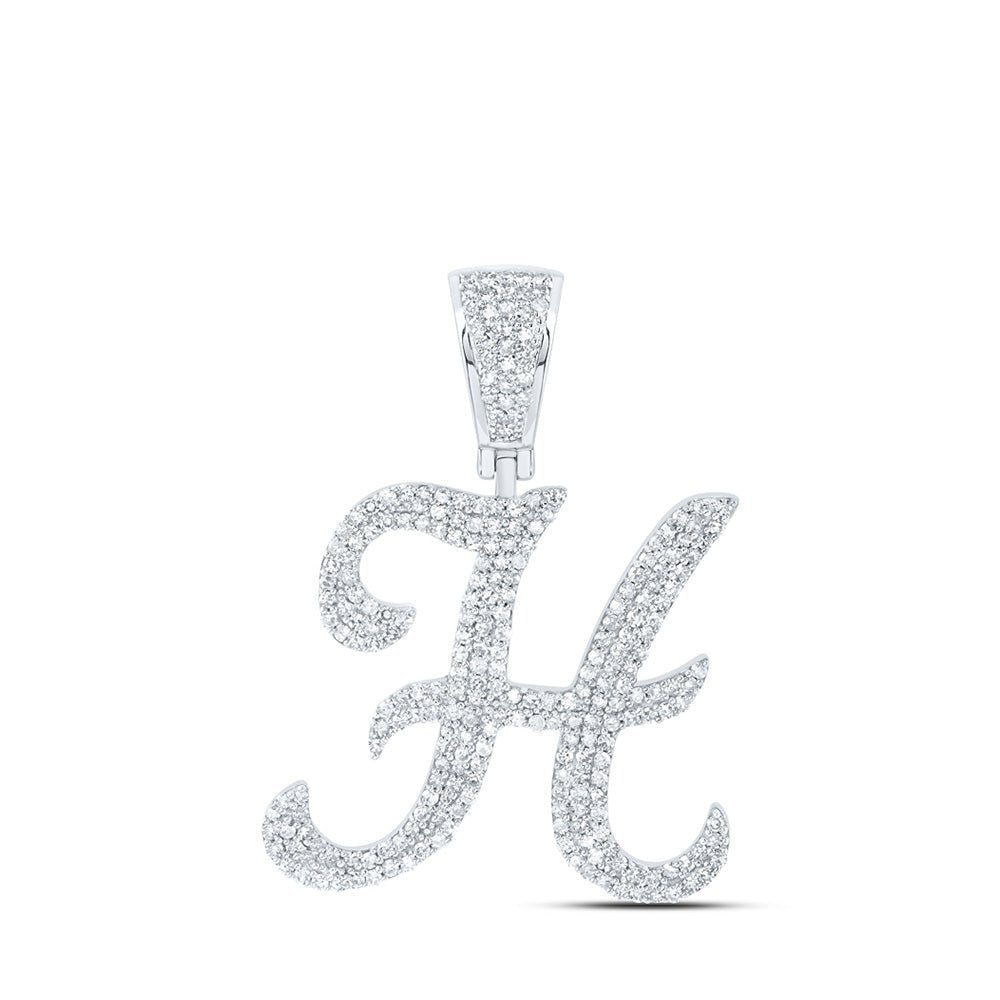 Men's Diamond Charm Pendant | 10kt White Gold Mens Round Diamond H Initial Letter Charm Pendant 1-1/5 Cttw | Splendid Jewellery GND