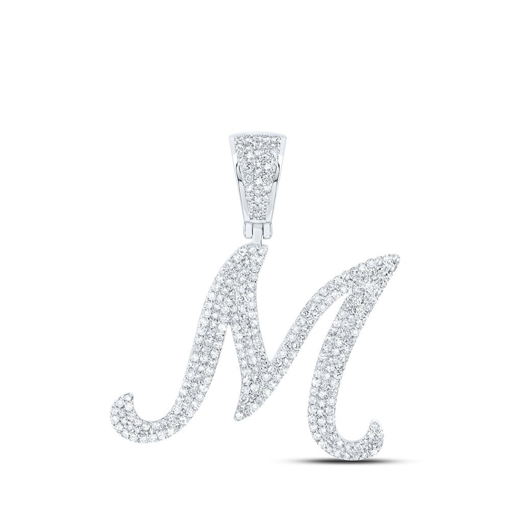 Men's Diamond Charm Pendant | 10kt White Gold Mens Round Diamond M Initial Charm Pendant 1-1/5 Cttw | Splendid Jewellery GND