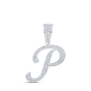 Men's Diamond Charm Pendant | 10kt White Gold Mens Round Diamond P Initial Letter Charm Pendant 7/8 Cttw | Splendid Jewellery GND