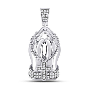 Men's Diamond Charm Pendant | 10kt White Gold Mens Round Diamond Praying Hands Rosary Charm Pendant 1/4 Cttw | Splendid Jewellery GND