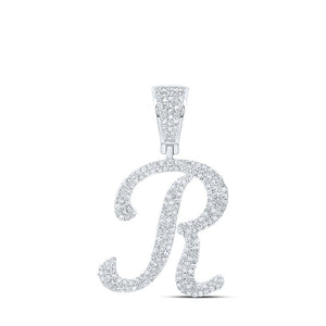 Men's Diamond Charm Pendant | 10kt White Gold Mens Round Diamond R Initial Letter Charm Pendant 1 Cttw | Splendid Jewellery GND