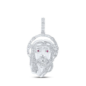 Men's Diamond Charm Pendant | 10kt White Gold Mens Round Diamond Ruby Jesus Face Charm Pendant 1-3/4 Cttw | Splendid Jewellery GND