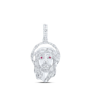 Men's Diamond Charm Pendant | 10kt White Gold Mens Round Diamond Ruby Jesus Face Charm Pendant 1 Cttw | Splendid Jewellery GND