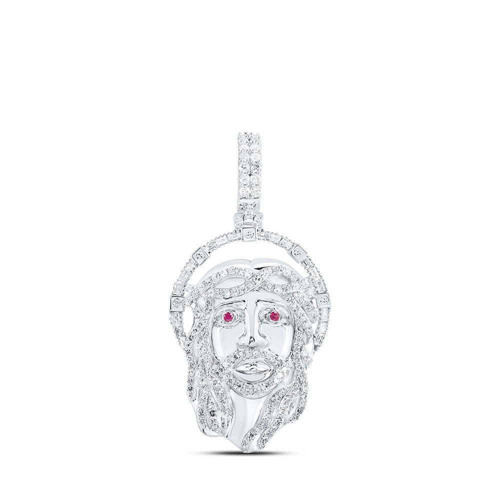 Men's Diamond Charm Pendant | 10kt White Gold Mens Round Diamond Ruby Jesus Face Charm Pendant 1 Cttw | Splendid Jewellery GND