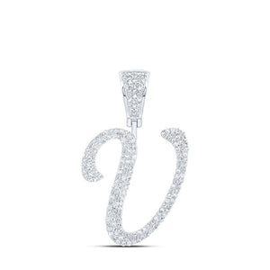 Men's Diamond Charm Pendant | 10kt White Gold Mens Round Diamond V Initial Letter Charm Pendant 7/8 Cttw | Splendid Jewellery GND