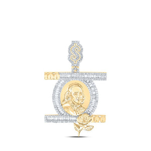 Men's Diamond Charm Pendant | 10kt Yellow Gold Mens Baguette Diamond 100 Dollar Ben Franklin Charm Pendant 1-3/8 Cttw | Splendid Jewellery GND