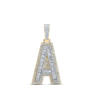 Men's Diamond Charm Pendant | 10kt Yellow Gold Mens Baguette Diamond A Initial Letter Charm Pendant 2-5/8 Cttw | Splendid Jewellery GND