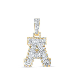 Men's Diamond Charm Pendant | 10kt Yellow Gold Mens Baguette Diamond A Initial Letter Charm Pendant 5/8 Cttw | Splendid Jewellery GND
