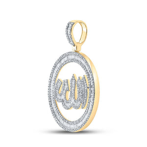 Men's Diamond Charm Pendant | 10kt Yellow Gold Mens Baguette Diamond Allah Circle Charm Pendant 2 Cttw | Splendid Jewellery GND