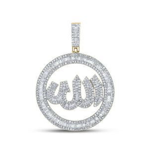 Men's Diamond Charm Pendant | 10kt Yellow Gold Mens Baguette Diamond Allah Circle Charm Pendant 2 Cttw | Splendid Jewellery GND