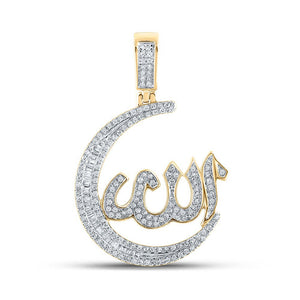 Men's Diamond Charm Pendant | 10kt Yellow Gold Mens Baguette Diamond Allah Moon Charm Pendant 3/4 Cttw | Splendid Jewellery GND