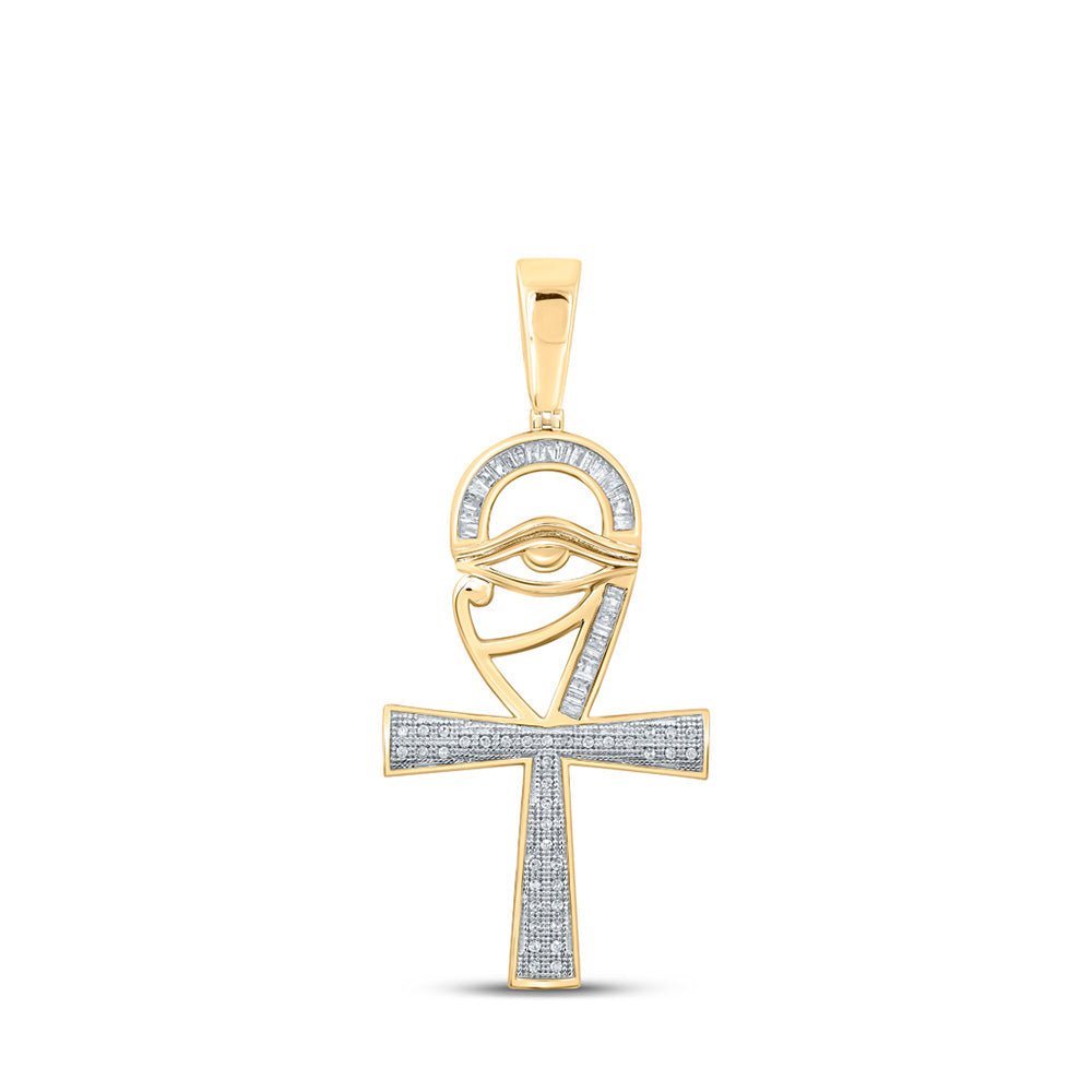 Men's Diamond Charm Pendant | 10kt Yellow Gold Mens Baguette Diamond Ankh Eye Cross Charm Pendant 1/3 Cttw | Splendid Jewellery GND