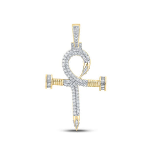 Men's Diamond Charm Pendant | 10kt Yellow Gold Mens Baguette Diamond Ankh Nail Cross Charm Pendant 1 Cttw | Splendid Jewellery GND