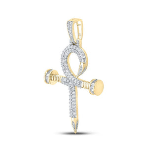 Men's Diamond Charm Pendant | 10kt Yellow Gold Mens Baguette Diamond Ankh Nail Cross Charm Pendant 1 Cttw | Splendid Jewellery GND