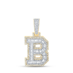 Men's Diamond Charm Pendant | 10kt Yellow Gold Mens Baguette Diamond B Initial Letter Charm Pendant 3/4 Cttw | Splendid Jewellery GND