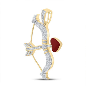 Men's Diamond Charm Pendant | 10kt Yellow Gold Mens Baguette Diamond Bow Arrow Heart Charm Pendant 1 Cttw | Splendid Jewellery GND