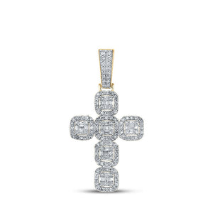 Men's Diamond Charm Pendant | 10kt Yellow Gold Mens Baguette Diamond Cross Charm Pendant 1-1/3 Cttw | Splendid Jewellery GND