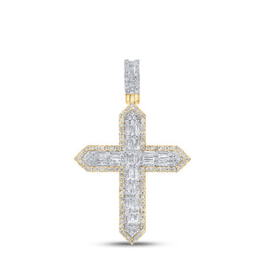 Men's Diamond Charm Pendant | 10kt Yellow Gold Mens Baguette Diamond Cross Charm Pendant 1-3/4 Cttw | Splendid Jewellery GND