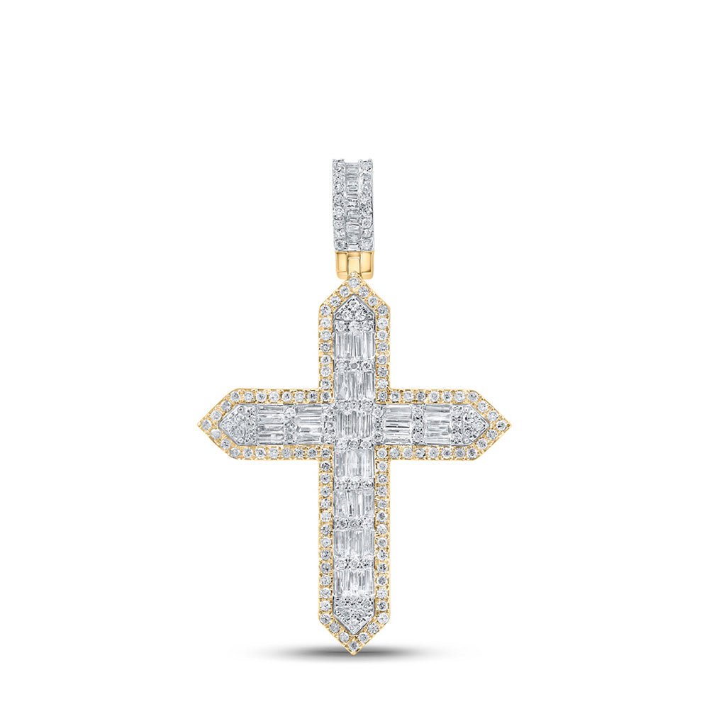 Men's Diamond Charm Pendant | 10kt Yellow Gold Mens Baguette Diamond Cross Charm Pendant 1-3/4 Cttw | Splendid Jewellery GND