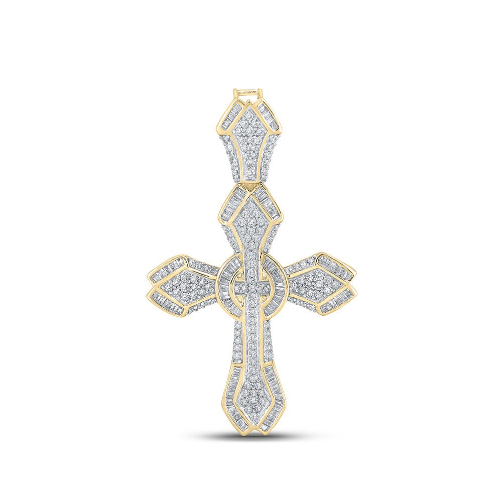 Men's Diamond Charm Pendant | 10kt Yellow Gold Mens Baguette Diamond Cross Charm Pendant 1-5/8 Cttw | Splendid Jewellery GND