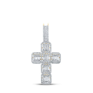 Men's Diamond Charm Pendant | 10kt Yellow Gold Mens Baguette Diamond Cross Charm Pendant 1-7/8 Cttw | Splendid Jewellery GND