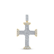 Load image into Gallery viewer, 10kt Yellow Gold Men&#39;s Baguette and Round Diamond Cross Pendant - 1-7/8 Cttw Top view from the 10Kt Yellow Gold Mens Baguette Diamond Cross Charm Pendant 1 7 8 Cttwpin211007 collection by Splendid Jewellery