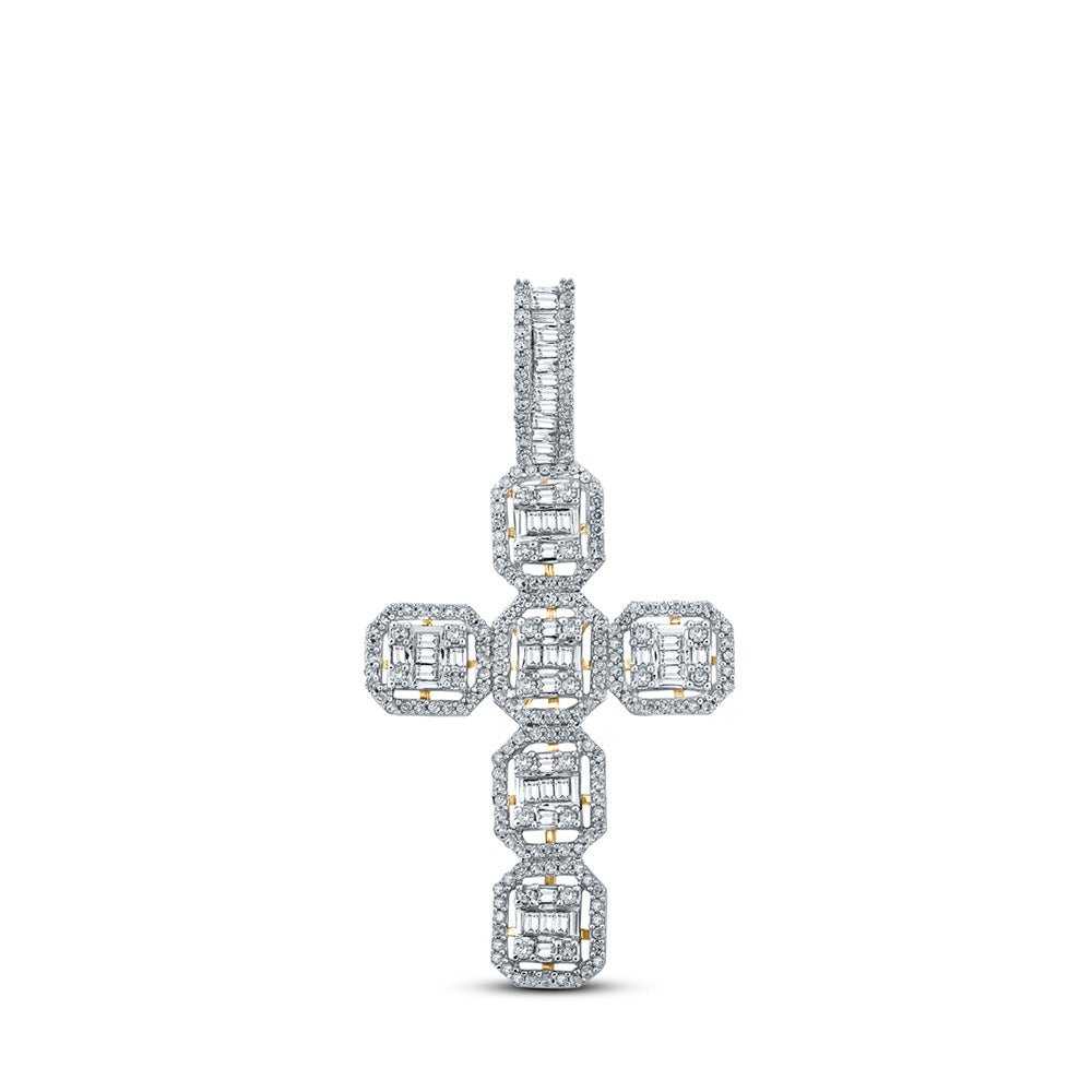 Men's Diamond Charm Pendant | 10kt Yellow Gold Mens Baguette Diamond Cross Charm Pendant 1 Cttw | Splendid Jewellery GND