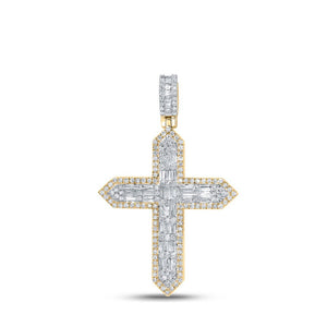 Men's Diamond Charm Pendant | 10kt Yellow Gold Mens Baguette Diamond Cross Charm Pendant 1 Cttw | Splendid Jewellery GND